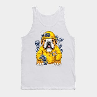 A humorous Electrician English Bulldog t-shirt design featuring a cheerful bulldog wearing a yellow hard Tank Top